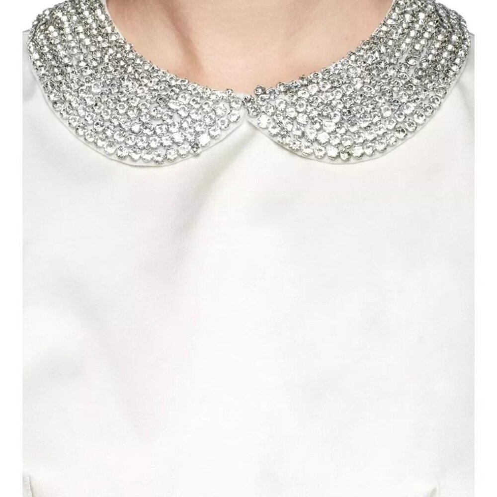 Alice + Olivia Lollie Ivory SATIN Rhinestone Crystal Collar Lace Back Sz 6 Dress